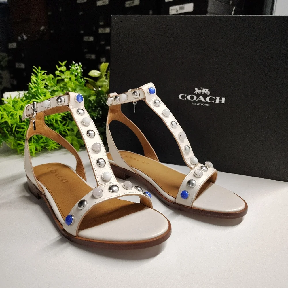 Coach Sadie T-Strap Sandals Chalk Leather Ankle Strap Q8973 NIB